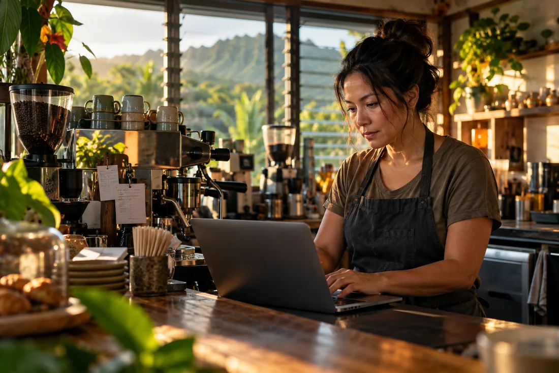 Illustrative neighborhood café owner working at her laptop