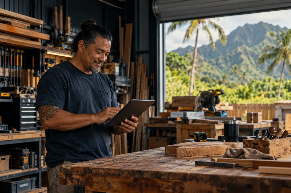 Illustrative local workshop owner reviewing a tablet at his workbench